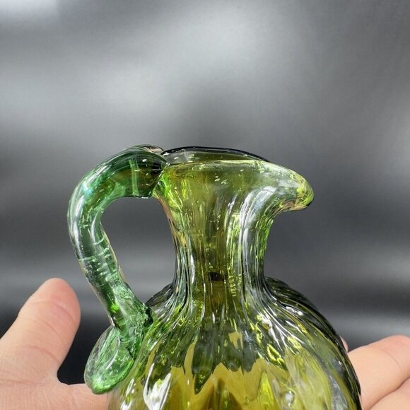 Hand Made Art Glass Green Optic Jug Miniature Pitcher Hand Blown Glass Decor VTG - Picture 13 of 14